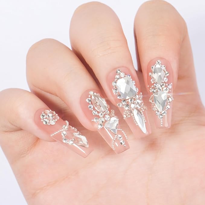 Multi Shapes White 3D Glass Crystal Nail Rhinestones Kit Mix 0.8mm Silver Nail Round Beads Charm Flatback Gems 5 Grids Flatback Rhinestones Stone Diamond for Manicure Makeup DIY Decoration