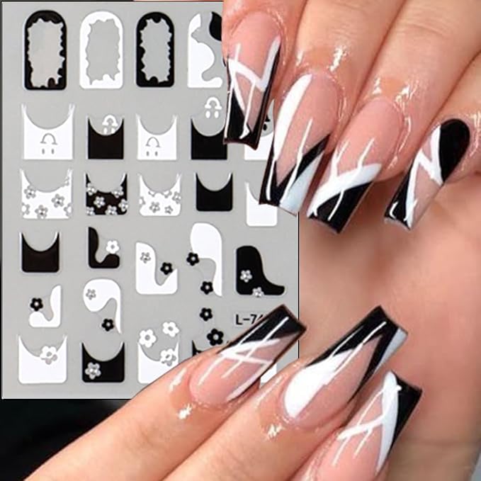 6Pcs French Tip Nail Stickers 3D Self Adhesive Black White French Nail Decals French Butterfly Flower Line Nail Design Stickers Irregular Geometry Pattern Curve Lines Tip Nail Decoration for Women