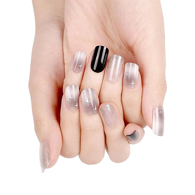 20pcs Semi Cured Gel Nail Strips, Real Nail Polish Art Stickers, Dark Star Gel Nail Stickers - Work with Any UV Lamp, Long Lasting Full Wraps with Nails File and Stick