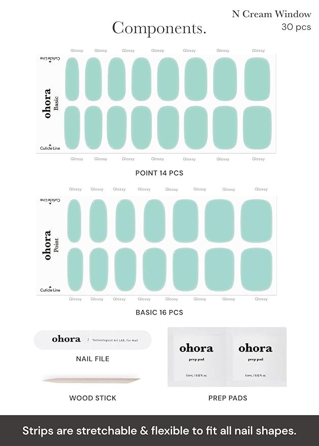 ohora Semi Cured Gel Nail Strips (N Cream Window) - Green, Solid, Works with Any UV/LED Lamps, Salon-Quality, Long Lasting, Easy to Apply & Remove - Includes 2 Prep Pads, Nail File & Wooden Stick