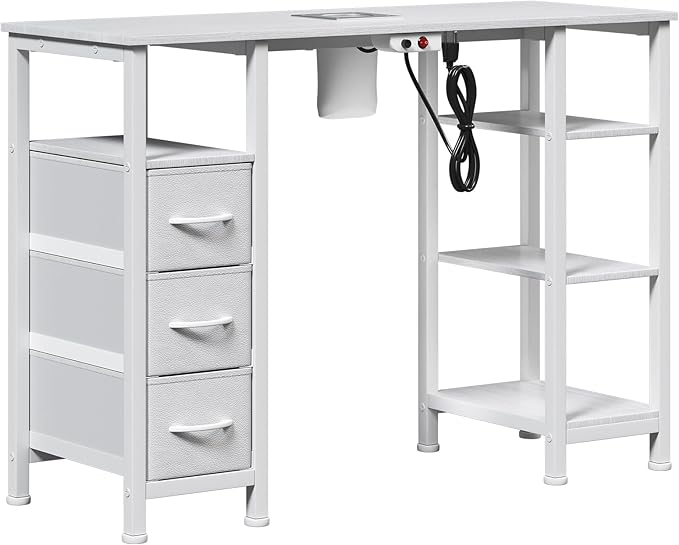 Nail Desk for Nail Tech w/Electric Dust Collector, Manicure Table w/3 Storage Drawers & 3 Open Shelves for Beauty Salon Tech Station