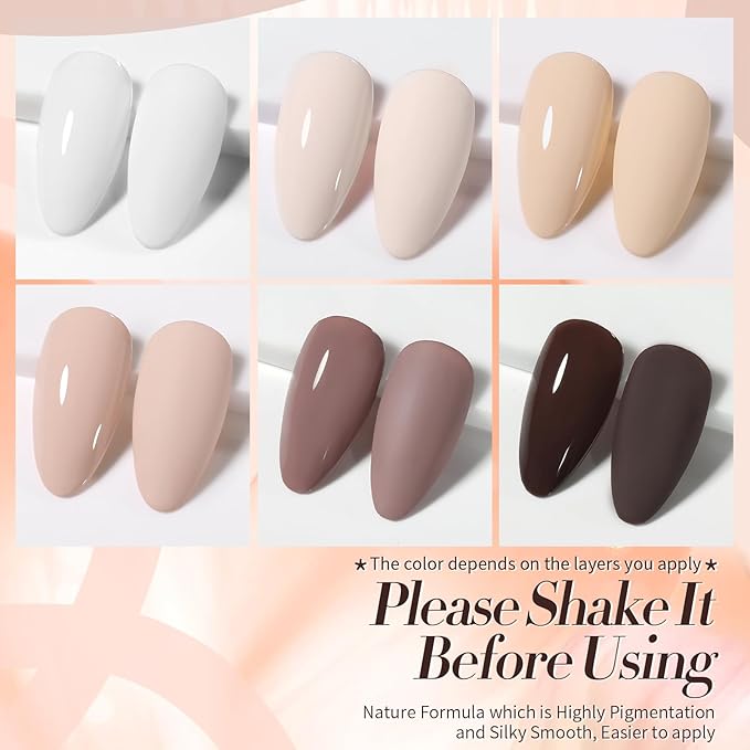 BORN PRETTY Gel Polish Nail Set 6 Colors Nude Skin Tones Brown Neutral Colors Soak Off Gel Nail Kit Collection Nail Art Manicure DIY Salon Home Gift
