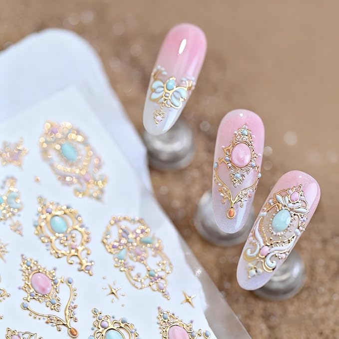 5D Embossed Gem Nail Sticker Luxury Gold Jewelry Nail Art Stickers Self Adhesive Nail Decals Pink Diamond Nail Art for Women Girls Manicure Supplies Nails Art Decorations