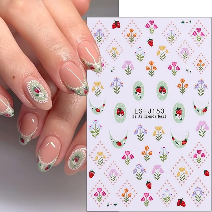 6Pcs Summer Flower Nail Stickers 3D Self Adhesive Fruit Nail Decals Cute Daisy Strawberry Tulip Blueberry Cherry Design Summer Nail Art Stickers Fruit Floral Nail Art Supplies for Women Manicure Decor