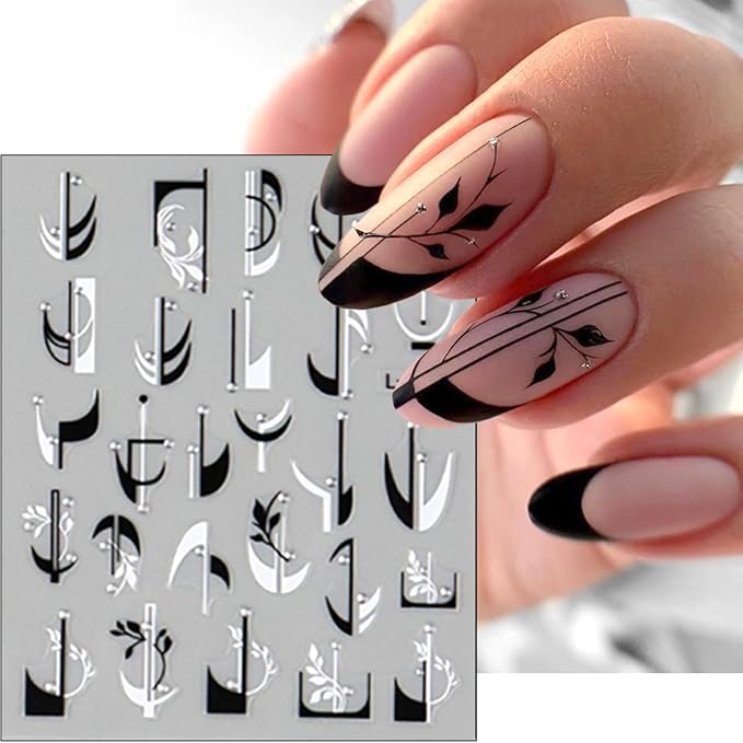 6Pcs French Tip Nail Stickers 3D Self Adhesive Black White French Nail Decals French Butterfly Flower Line Nail Design Stickers Irregular Geometry Pattern Curve Lines Tip Nail Decoration for Women