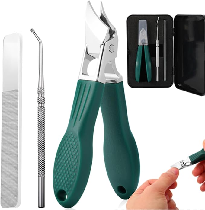 Splashproof 25° Beveled Edge Nail Clippers 3-Piece Set, Long Handle Wide Jaw Opening Anti-Splash Slanted Nail Clipper, for Thick and Ingrown Nails, Includes Nail File for Complete Nail Care