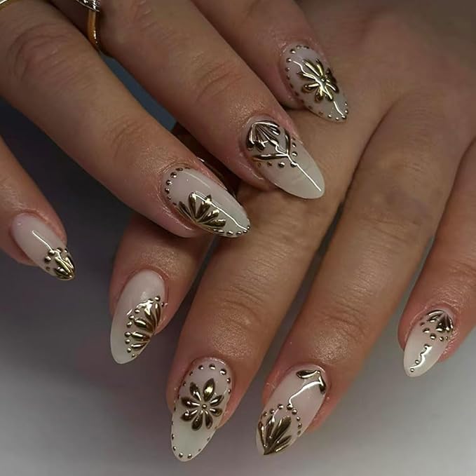 Bohemian Nail Art Stickers, Gold Silver Blue Floral Designs, Self-Adhesive 3D Decorative Decals for Women, Summer Nail Decoration, 6 Sheets