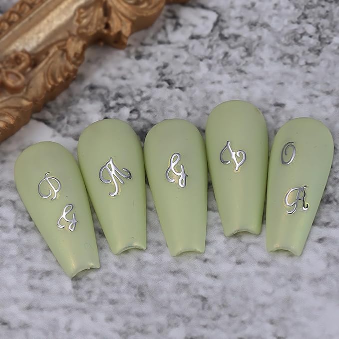Letter Nail Art Stickers, Old English Letter Nail Art Decals 3D Self-Adhesive Gold Silver Black White Retro English Pattern Nail Design 6Pcs Nail Art Supplies for Women Nail Decoration