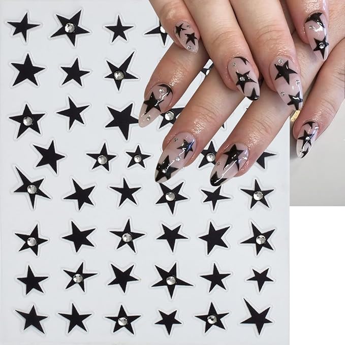 6 Sheets Star Nail Art Stickers Black Gold Silver Nail Decals with Silver Glitter Rhinestones Design 3D Self Adhesive Cute Star Nail Design Stickers Spring Nail Decor for Women Manicure Supplies