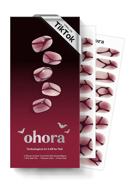 ohora Semi Cured Gel Nail Strips (N Bloody Blushy) - Works with Any Lamps, Salon-Quality, Long Lasting, Easy to Apply & Remove - Includes 2 Prep Pads, Nail File & Wooden Stick