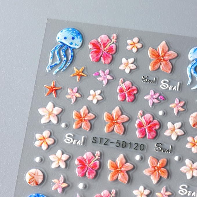Summer Flower Nail Art Stickers Decals Jellyfish 5D Embossed Nail Decals 2PCS Flowers Starfish Jelly Design Summer Nails Adhesive Sliders Flower Sticker for Nails Women DIY Manicure Decorations Supply