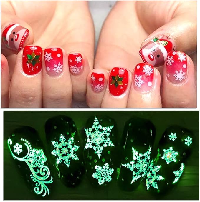 9 Sheets Christmas Glow in The Dark Nail Art Stickers Decals Self-Adhesive Pegatinas Uñas Navidad Winter Holiday Xmas Snowflake Nail Supplies Nail Art Design Decoration Accessories