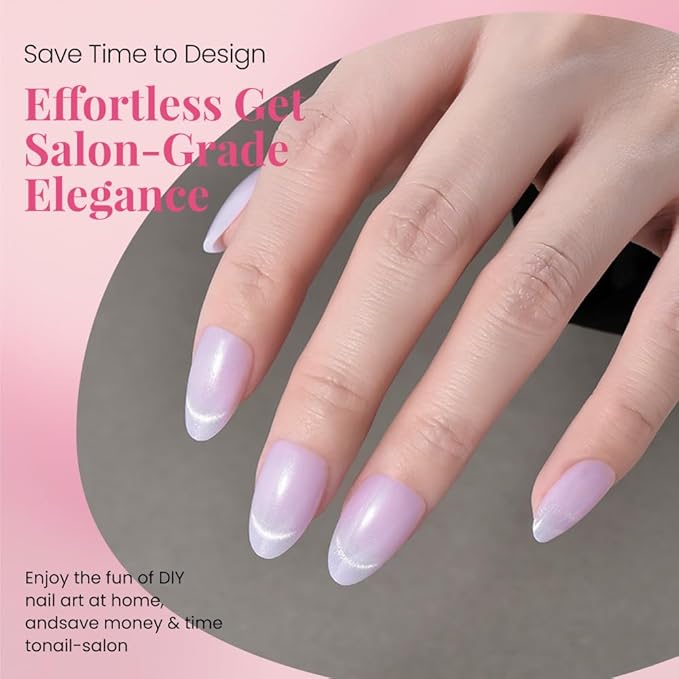 Cat Eye Press on Nails Short Almond - Light Purple Shimmer Glossy French Tip Press on Nails Gift, Soft Gel Press Glue On Nail with Nail Glue, Supremely Fit Full Cover Reusable Acrylic Fake Nails Kit
