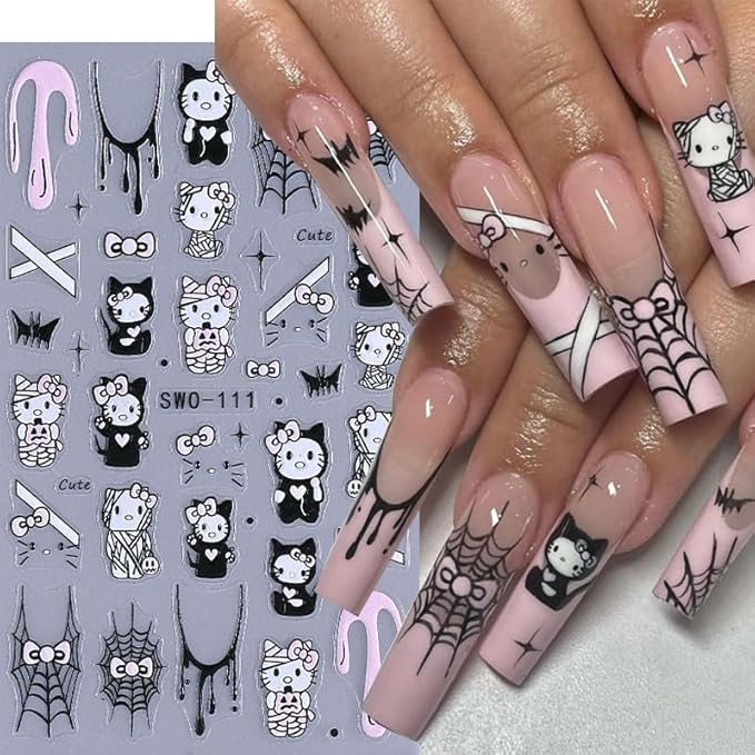 4 Sheets Halloween Nail Art Stickers Decals 3D Self-Adhesive Scary Bat Spider Web Skull Nail Stickers Gothic Black Cat Nail Decals for Women DIY Manicure Halloween Party Nail Decoration