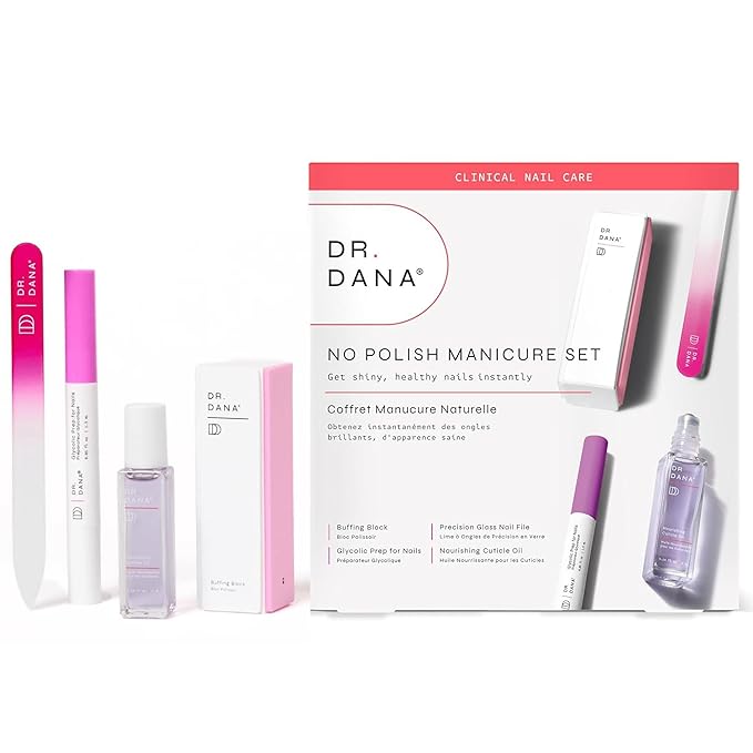 Dr. Dana No Polish Manicure Set - Shine and Strengthen Your Nails with Natural Glycolic Serum, Cuticle Oil, Nail Buffer Block, and Glass Nail File, Nail Care Kit for Healthy Nails, Halal Certified