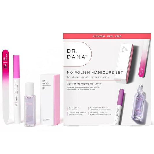 Dr. Dana No Polish Manicure Set - Shine and Strengthen Your Nails with Natural Glycolic Serum, Cuticle Oil, Nail Buffer Block, and Glass Nail File, Nail Care Kit for Healthy Nails, Halal Certified