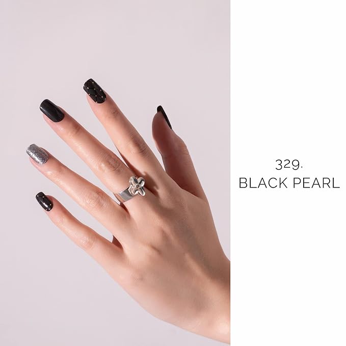 NAILOG Semi Cured Gel Nail Strips (20 Extra Long Stickers/Wraps) | Buy 2 Get 1 UV Lamp| Glossy & Long Lasting Soft Gel Finishing, Black Pearl