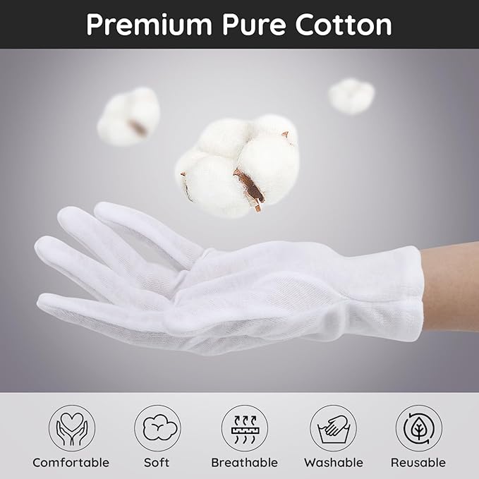 Segbeauty 24 Counts White Cotton Gloves, Large Thick Hand Gloves Moisturizing Overnight Sleeping for Dry Hands, 12 Pairs Washable Cotton Work Gloves, White Lotion Gloves Overnight for Men and Women