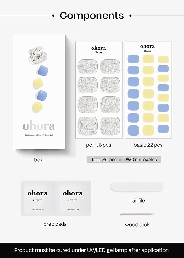 ohora Semi Cured Gel Pedi Strips (P Confetti) - Works with Any Lamps, Salon-Quality, Long Lasting, Easy to Apply & Remove - Includes 2 Prep Pads, Nail File & Wooden Stick