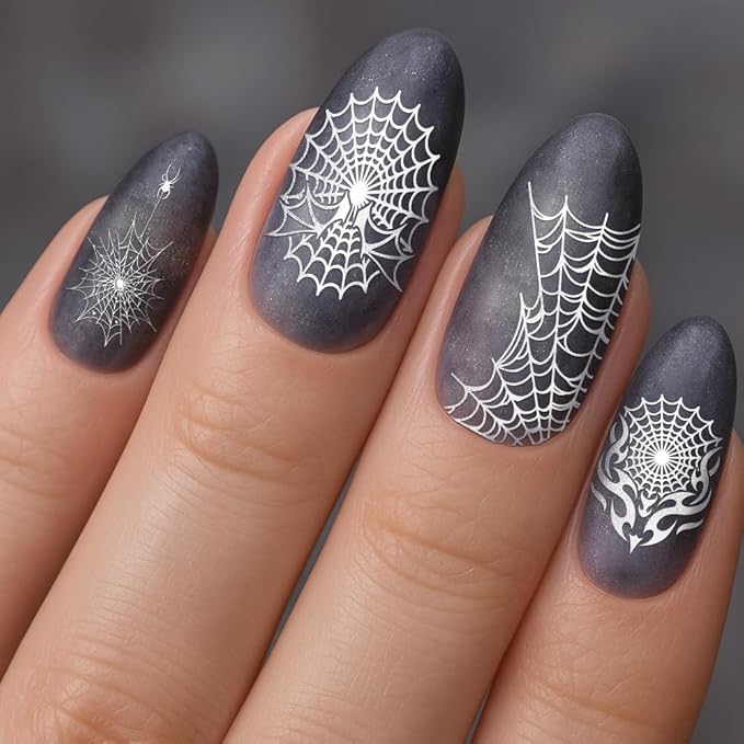 PH PandaHall 3pcs Spider Web Nail Stamping Plates Halloween Nail Art Plates Gothic Skull Nails Image Plates Spooky Cobwebs Patterns Manicure Art Templates for DIY Print Manicures Salon Design