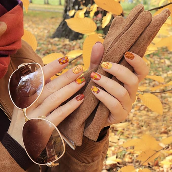 ALIBBON 6 Pcs Fall Nail Stamping Plates Set, Leaves Background Nail Art Stamp Templates, Pumpkin Gnome Stamp Templates Kit, Happy Thanksgiving Day Metal Nail Plates for DIY Printing Decor 4.7×2.4"
