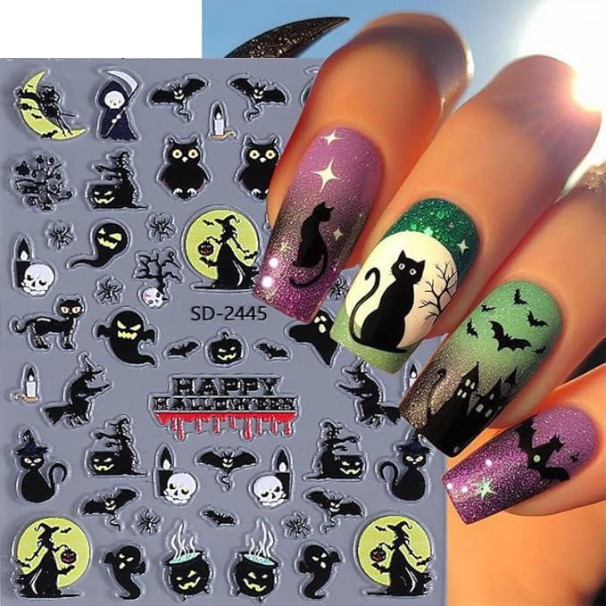 Halloween Nail Art Stickers, Cute Pumpkin Nail Art Decals 3D Self-Adhesive with Bat Skull Spider Web Cat Ghost Nail Design 4Pcs Halloween Nail Art Supplies for Women Nail Decoration