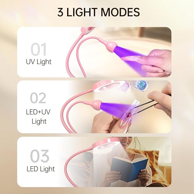 AORAEM LED UV Nail Lamp: Double-Headed Gooseneck U V Lamp for Gel Nails, LED Flash Cure Light with 6X Magnifier Home DIY Salon, Pink