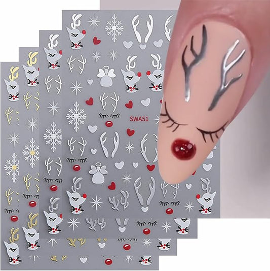 4 Sheets Christmas Nail Art Stickers White Elk Nail Decals with Xmas Snowflake Gold Silver Antlers Design 3D Self-Adhesive Nail Stickers Acrylic Nail Supplies for Women DIY Christmas Decorations
