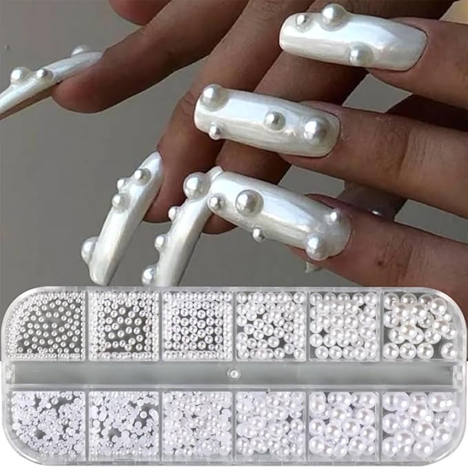 12 Grids Half Round Pearl Beads 3D Nail Charms Elegant White Wedding Designs Decorations Mixed Pearls Ornaments Manicure Decor (White)