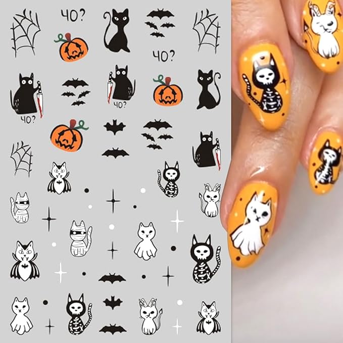 12Pcs Halloween Nail Stickers - 3D Self-Adhesive Halloween Nail Decals - Pink Ghosts Skull Pumpkin Nail Design Decorations for Halloweens DIY Manicure Supplies