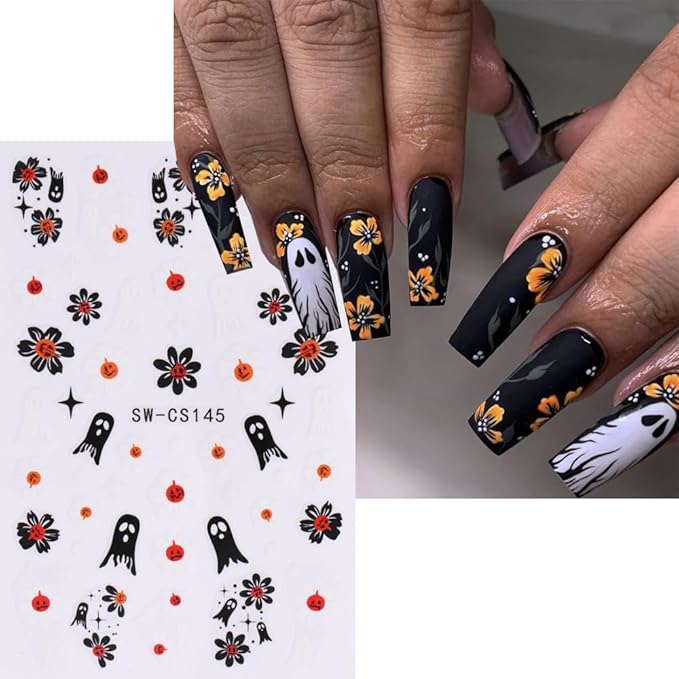 Halloween Nail Stickers Ghost Nail Decals DIY Self Adhesive Orange Black Floral Nail Design Cute Nail Decoration Supplies Holiday Manicure Accessories for Women Girls 6Pcs