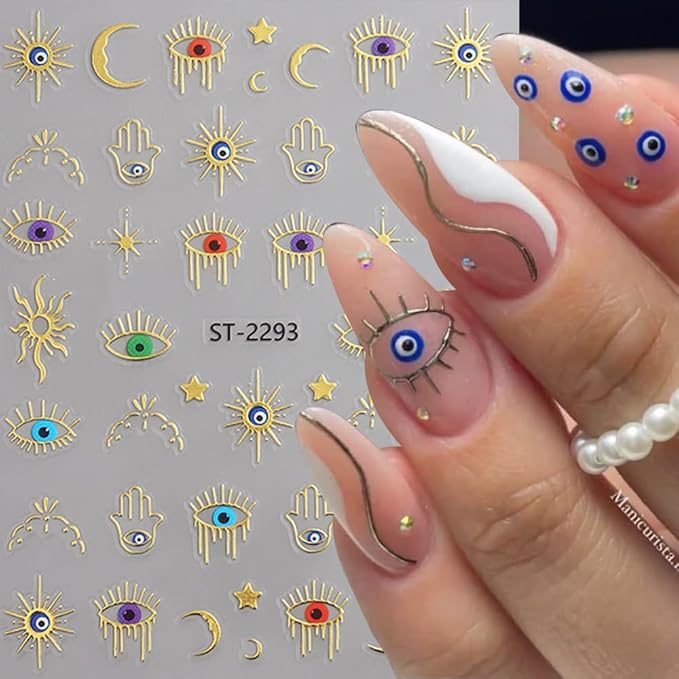 3 Sheets Evil Eye Gold Nail Stickers for Nail Art, 3D Self-Adhesive Star Eye Sun Snake Nail Decals, Nail Supplies Nail Art Design Accessories for Women and Girls Manicure DIY Decoration