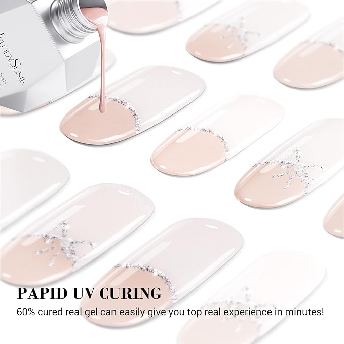 MelodySusie Semi Cured Gel Nail Strips (White Bow French Tips), Works with Nail Lamp, Salon Quality, Long Lasting, Easy to Apply and Remove, Includes 20Pcs, 2 Prep Pads, Nail File and Wooden Stick