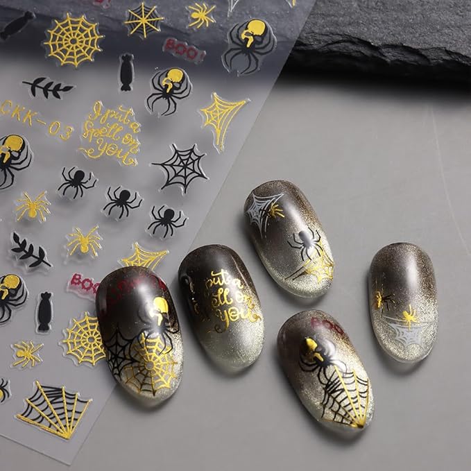 Halloween Nail Stickers Cat Spider Web Ghost Pumpkin Nail Decals 3D Gold DIY Self Adhesive Witch Nail Design Sticker Halloween Nail Decoration Supplies Holiday Manicure Accessories for Women 6Pcs
