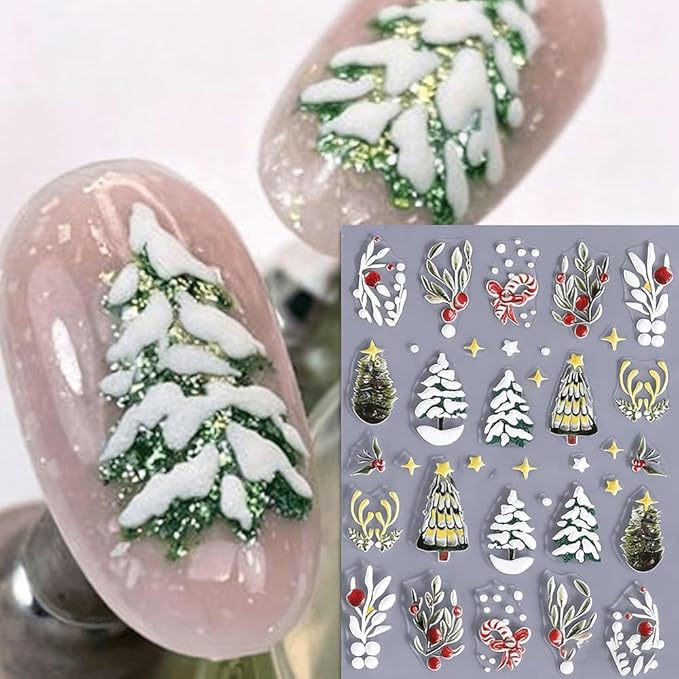 Christmas Nail Stickers 5D Embossed Christmas Tree Nail Art Stickers Winter Santa Claus Nail Decals Self Adhesive Xmas Nail Design Sticker Cute Nails Decoration for Women Manicure Accessories 2Pcs