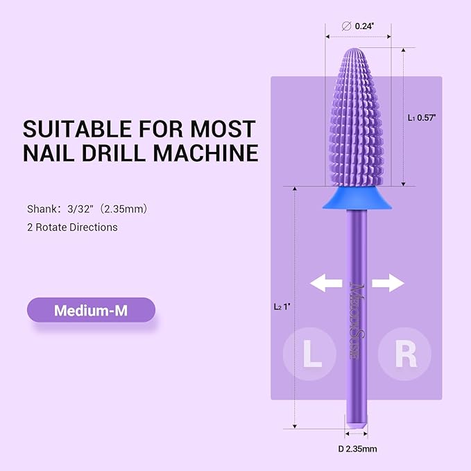 MelodySusie Typhoon Nail Drill Bits, 3/32'' Carbide Tungsten Multi-function Bits, Fast Remove Acrylic or Hard Gel for Manicure Pedicure Salon Professional or Beginner, Purple, Medium