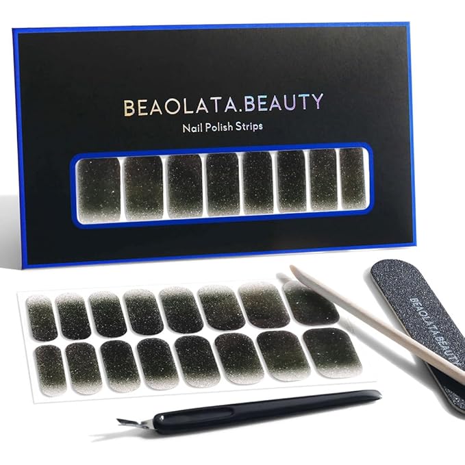 Nail Polish Strips, 32PCS Salon Quality Wraps, Long Lasting Gel Nail Stickers for Women Easy Apply& Remove (Night Glitter Black)