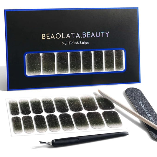 Nail Polish Strips, 32PCS Salon Quality Wraps, Long Lasting Gel Nail Stickers for Women Easy Apply& Remove (Night Glitter Black)