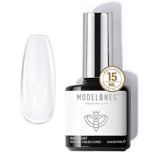 modelones Gel Nail Polish Base Coat, 2025 Upgraded Formula Clear High Glossy Gel Base coat Soak Off Long-Lasting DIY Home Salon Nail Art 15ml