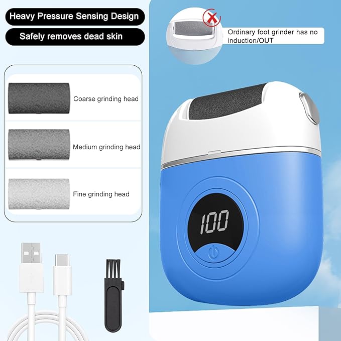 Electric Callus Remover Foot File, 2024 New USB Rechargeable Foot Repair and Grinding Device, Heel Polisher Digital Display, Feet Callus Remover, for Men Women Dry Callus Dead Skin (Blue)