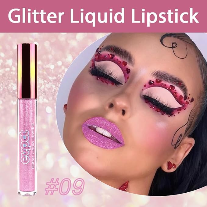 evpct 1Pcs Pink Glitter Metallic Shimmer Diamond Lipstick Lip Gloss for Women Long Lasting Waterproof, Light Bright Rose Pink Sparkle Glitter Matte Liquid Lipstick Lip Makeup Kit, 09#