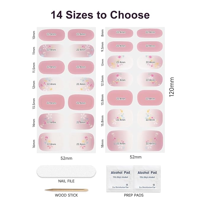 Semi Cured Gel Nail Strips,28 PCS Nail Wraps for Women(Flower),Gel Stickers for Nails UV Light, Includes Prep Pads, NailFile & Wood Stick