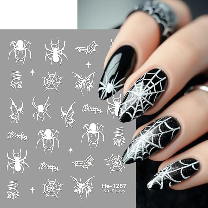 6 Sheets Spider Nail Stickers 3D Cute Black White Red Spider Nail Art Decals Self-Adhesive Halloween Spiders and Spider Web Nails Design Supplies Holiday Stickers for Women DIY Acrylic Manicure Tips