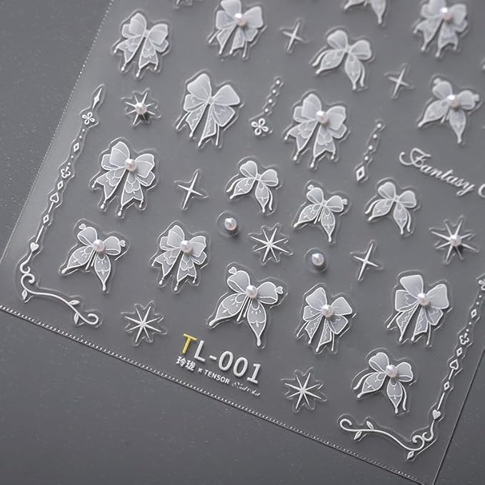 1 Sheet Lace Pearl Bow Nail Art Sticker 5D Embossed White Lace Pearl Bow Nail Sticker Cute Bow Nail Decal Pearl Rhinestone Nail Design Women DIY Nail Art Decoration