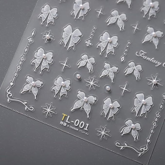1 Sheet Lace Pearl Bow Nail Art Sticker 5D Embossed White Lace Pearl Bow Nail Sticker Cute Bow Nail Decal Pearl Rhinestone Nail Design Women DIY Nail Art Decoration