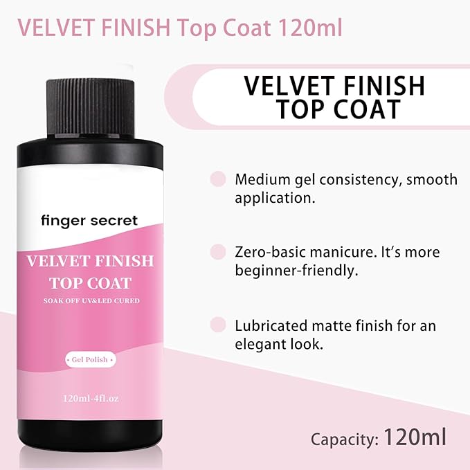 Velvet Finish Top Coat, 120ml/4fl.ozt, Gel Polish Nail Polish for Nail Art Manicure DIY