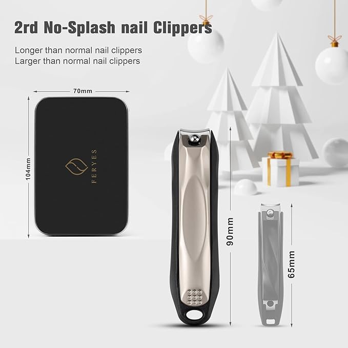 FERYES 3-in-1 Fingernail Clipper with No-Splash Nail Catcher and Metal Storage Box - Toenail Clipper with Nail File for Men & Women - Champagne