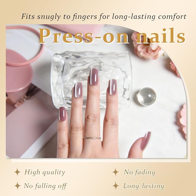 Mauve Pink Cat Eye Press on Nails Medium Square, Medium Square Press Glue on Nails Chrome for Women Gift, Mauve Holographic Glitter Glossy Reusable Gel Acrylic Fake Nail with Designs Cateye Effect
