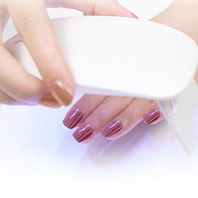 WOKOTO 1 Sheet Semi Cured Gel Nail Strips With Wood Stick, Nail File & Prepared Pads, 20 Tips Transparent Red Glitter Semi Cured Nail Polish Strips Stickers, Harden With UV Light Gel Nail Stickers