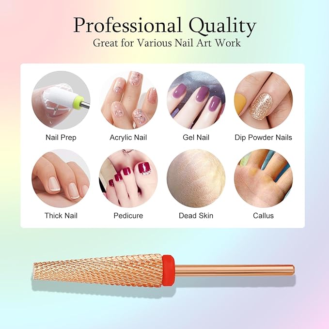 Super Long 5 in 1 Nail Drill Bits, Professional 3/32'' Carbide Tungsten Two Way Rotary Advanced Safety Bits, Fast Remove for Manicure Pedicure Cuticle Acrylic Nails (Rose Gold, Fine-F)